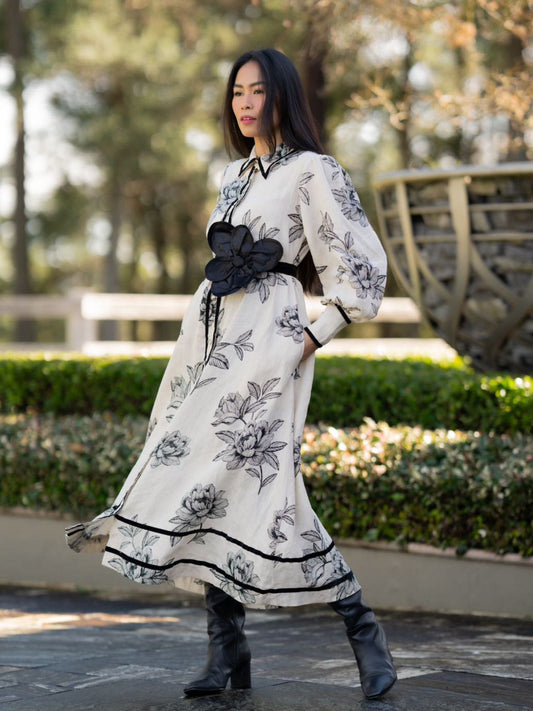 VELVET TRIM DRESS PEONIES