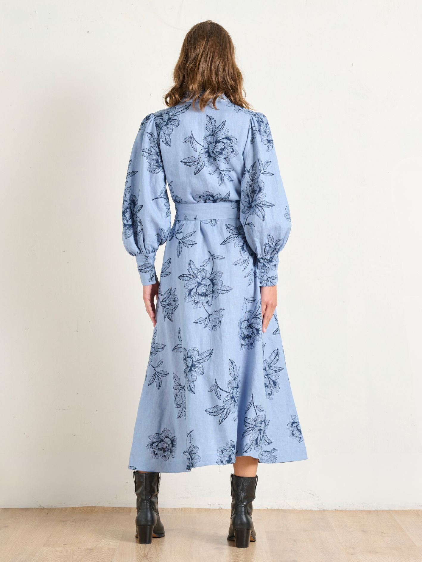 POINTED COLLAR DRESS PEONIES BLUE