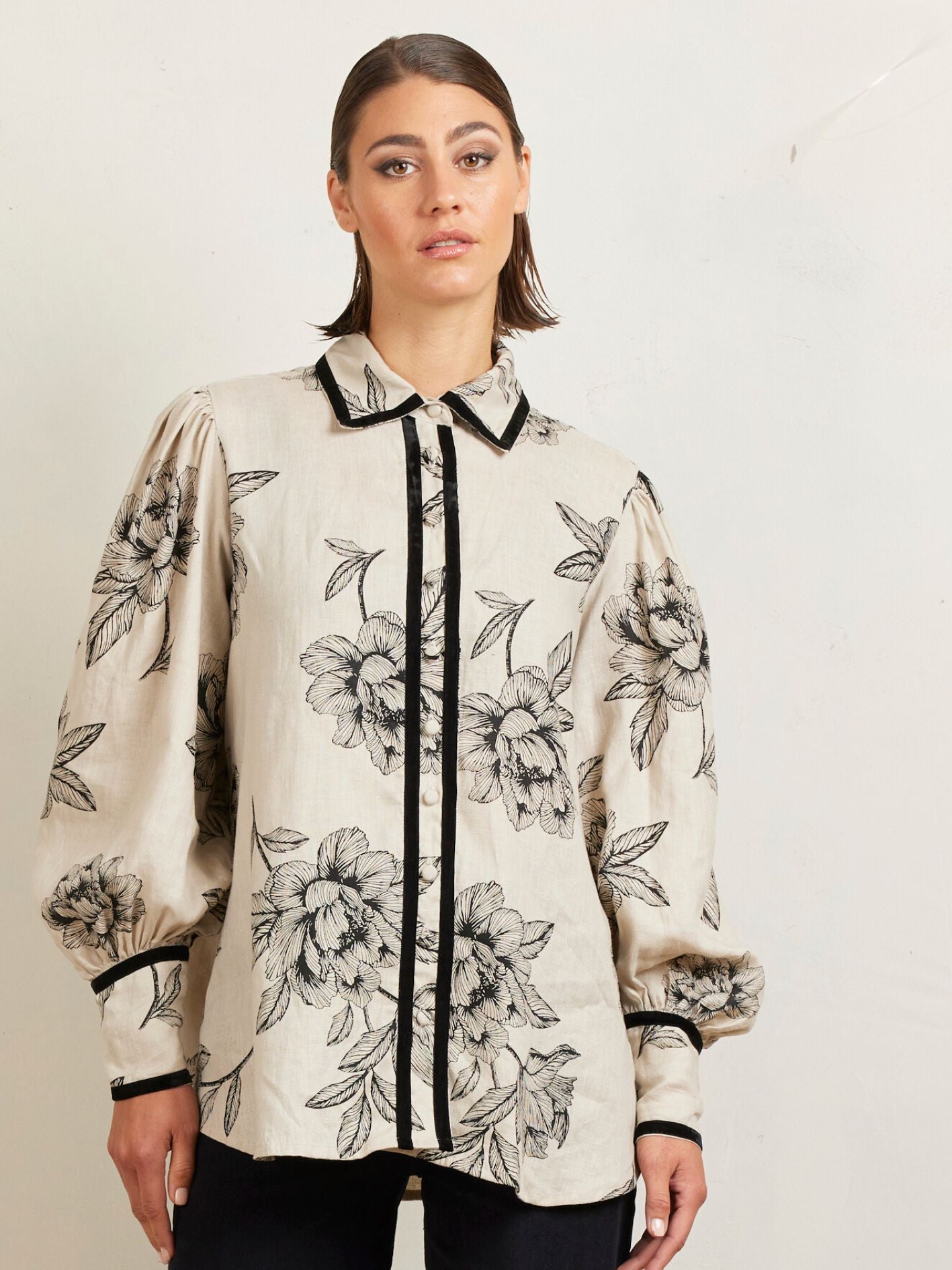 BLOUSON VELVET BLOUSE PEONIES STONE