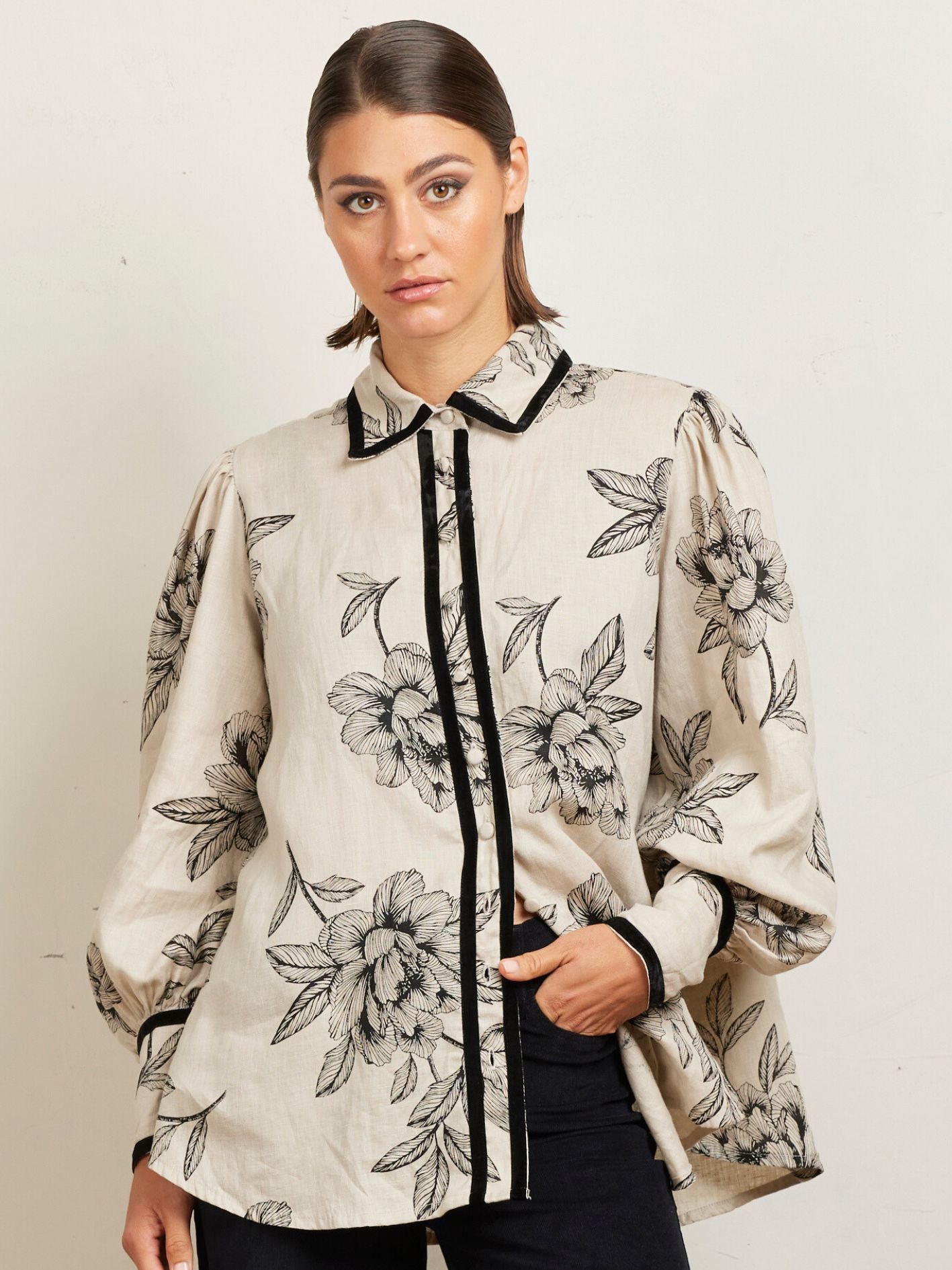 BLOUSON VELVET BLOUSE PEONIES STONE
