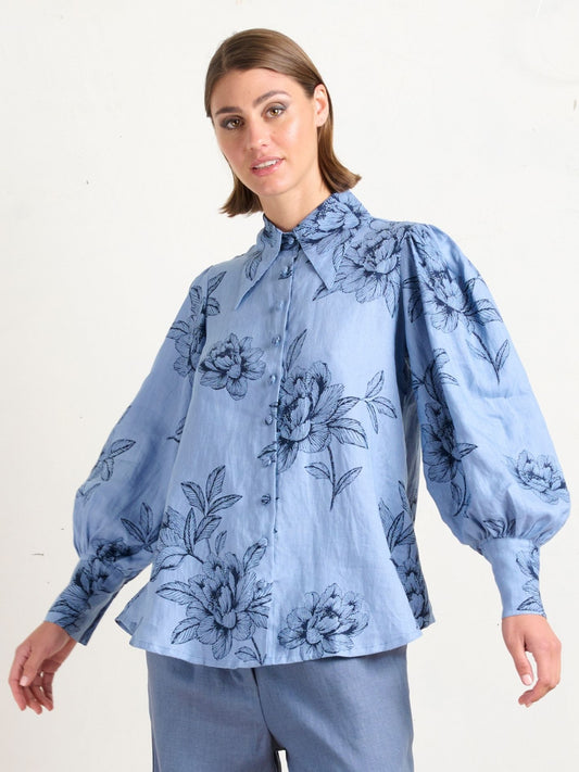 POINTED COLLAR BLOUSE PEONIES BLUE