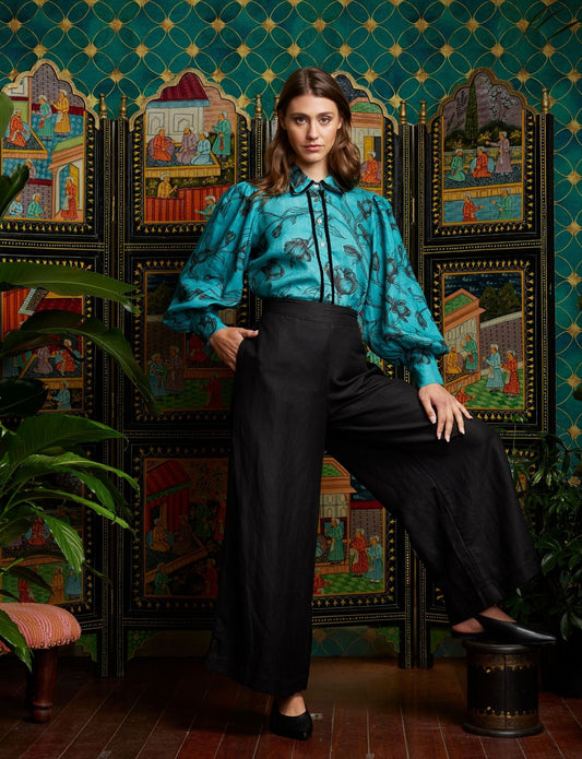 VELVET TRIM BLOUSE TEAL