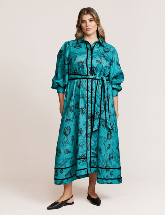 VELVET TRIM DRESS TEAL