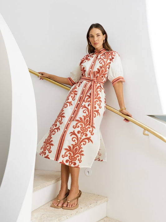 ROBE DRESS RUST DECO STRIPE