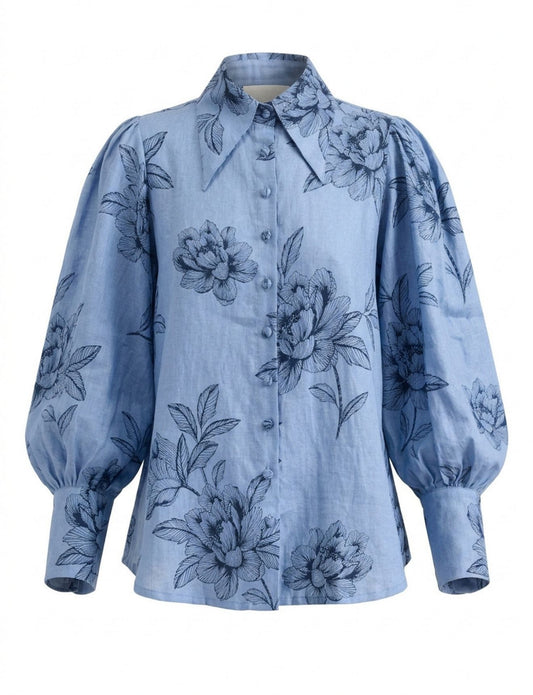 POINTED COLLAR BLOUSE PEONIES BLUE