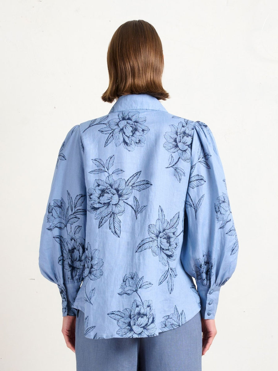 POINTED COLLAR BLOUSE PEONIES BLUE