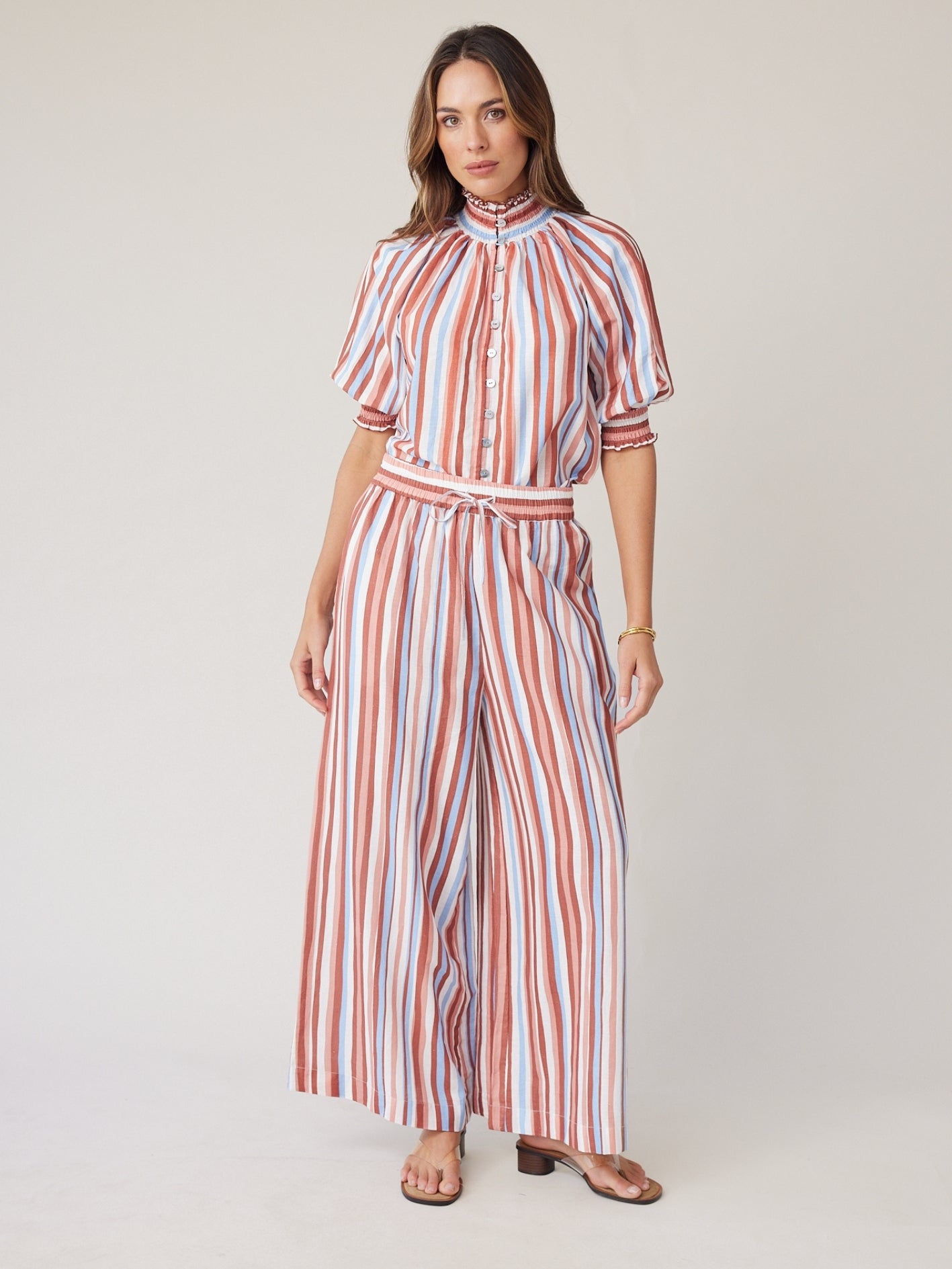 SHIRRED BLOUSE MOCHA STRIPE