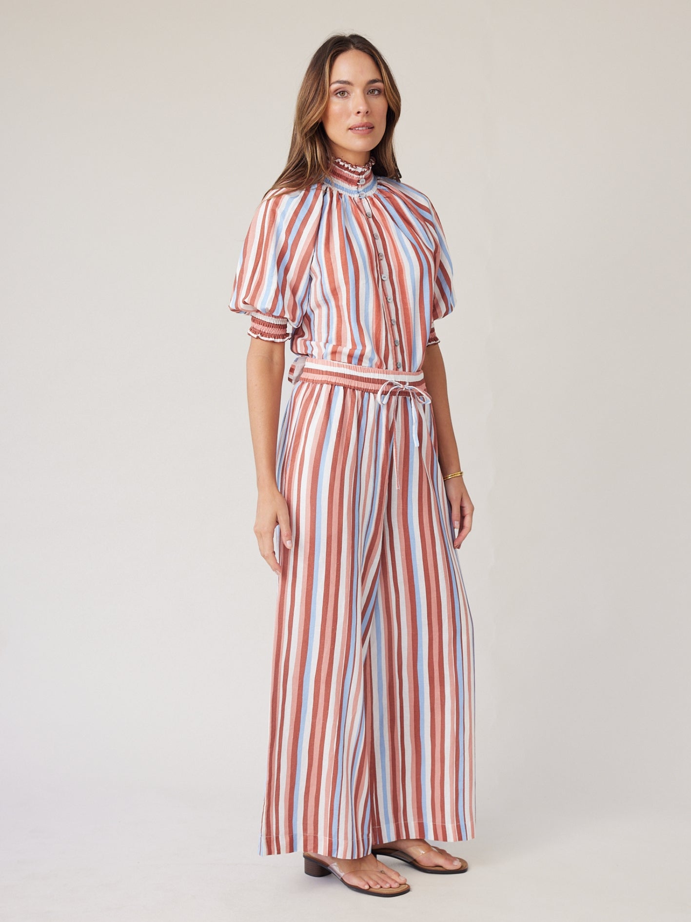 SHIRRED BLOUSE MOCHA STRIPE