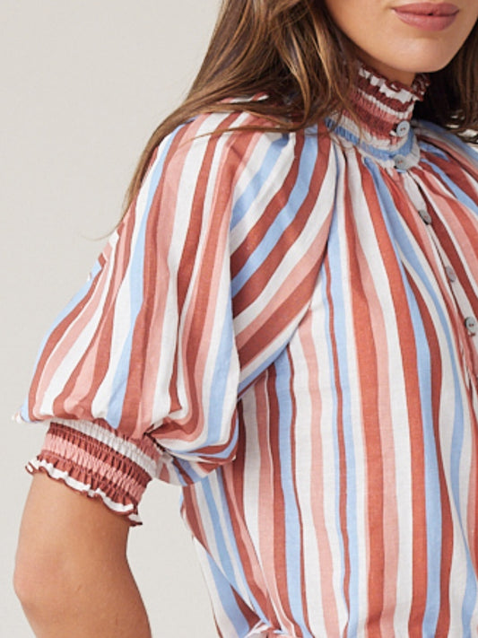 SHIRRED BLOUSE MOCHA STRIPE