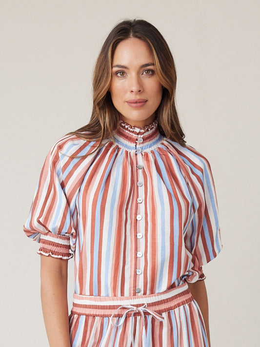 SHIRRED BLOUSE MOCHA STRIPE