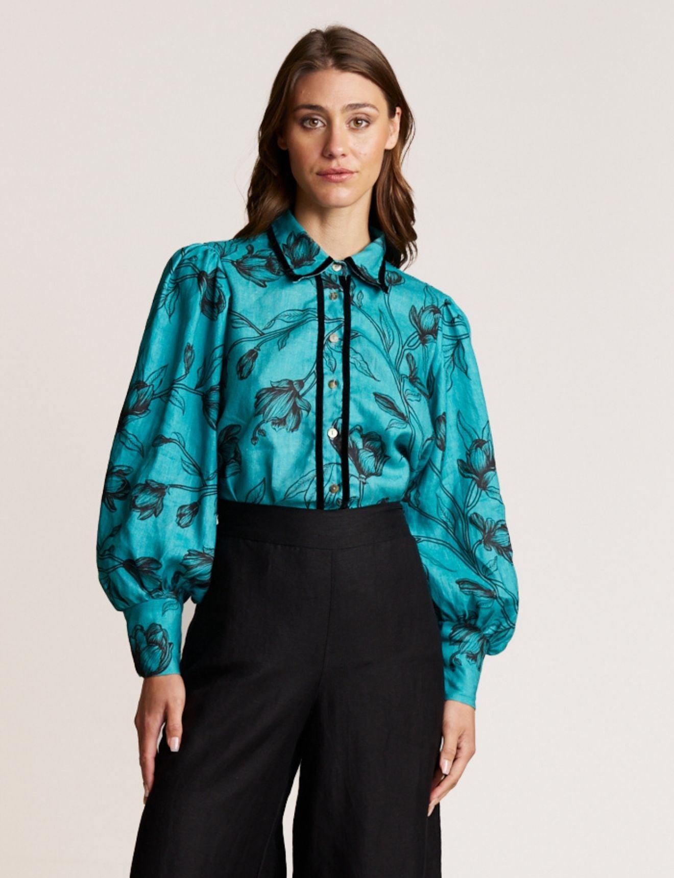 VELVET TRIM BLOUSE TEAL