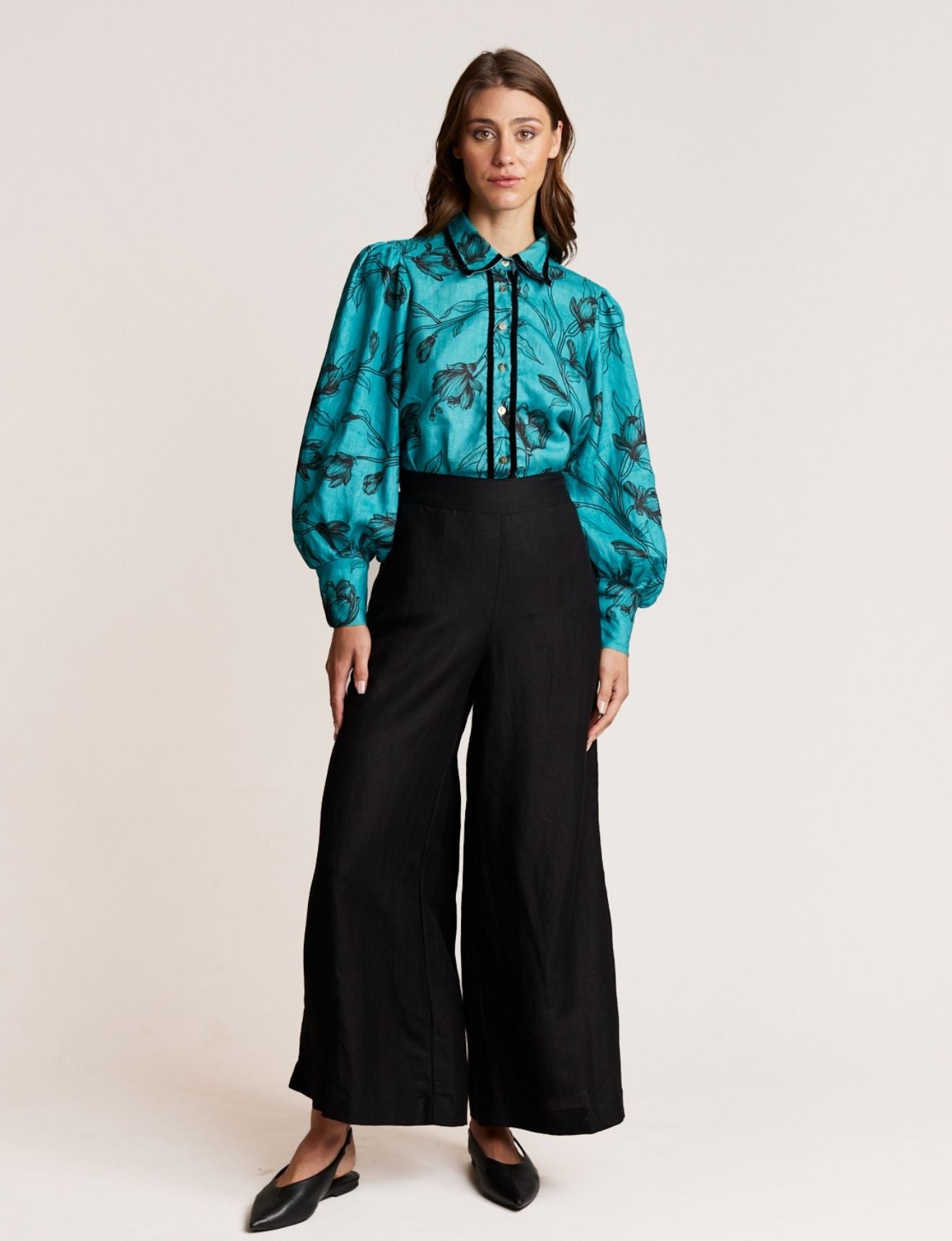 VELVET TRIM BLOUSE TEAL