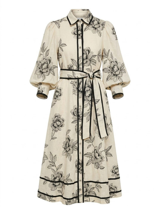 VELVET TRIM DRESS PEONIES