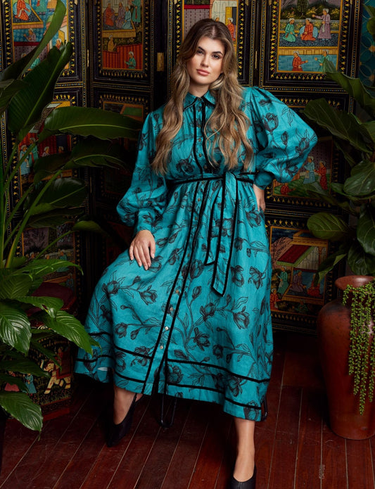 VELVET TRIM DRESS TEAL