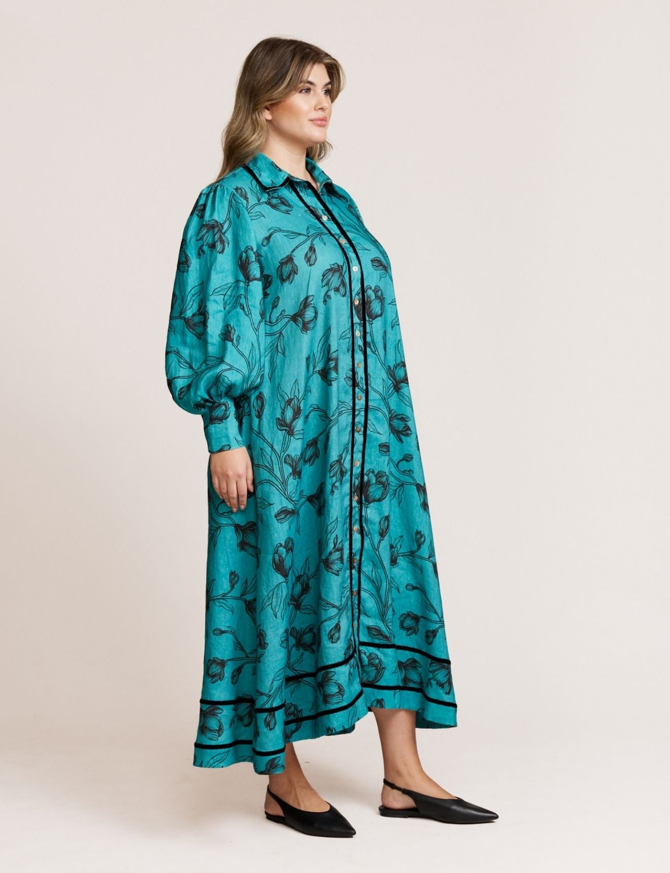 VELVET TRIM DRESS TEAL