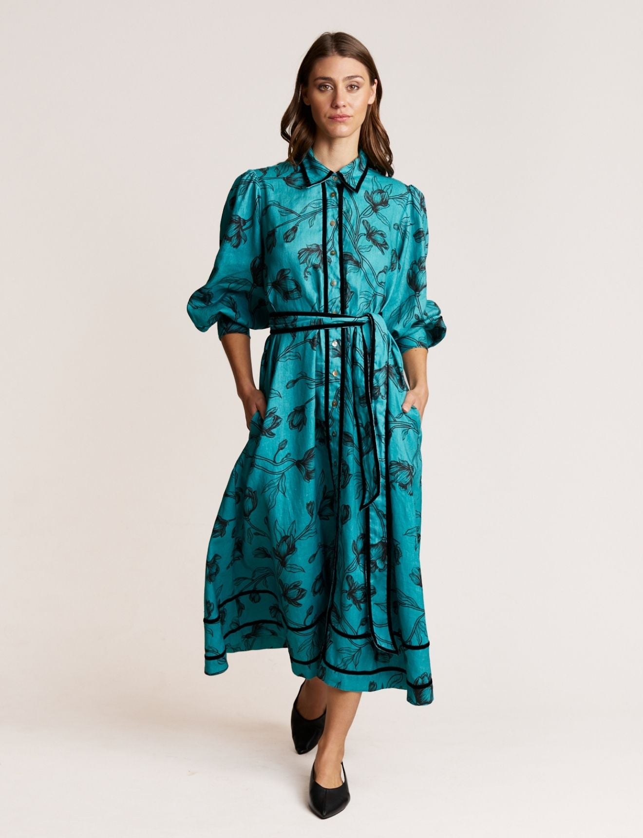 VELVET TRIM DRESS TEAL