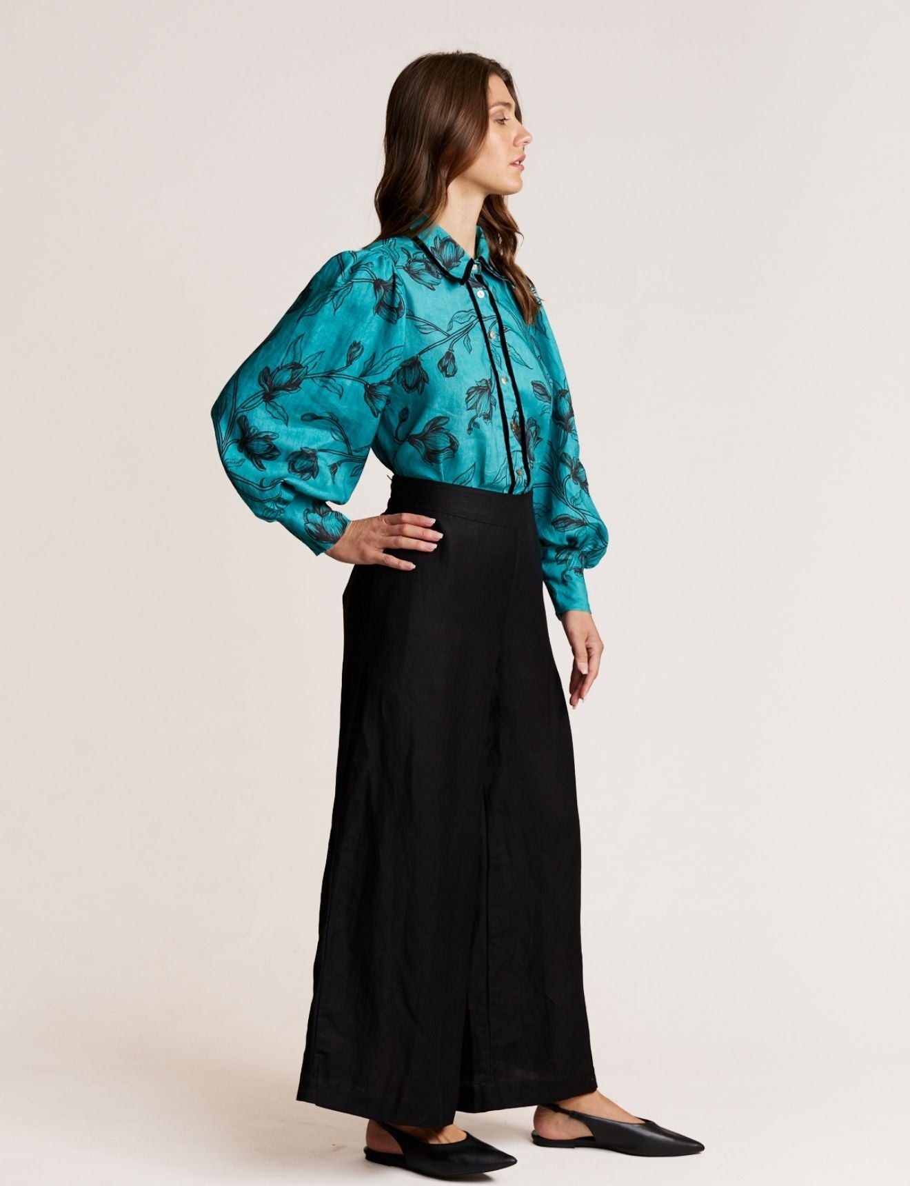 VELVET TRIM BLOUSE TEAL